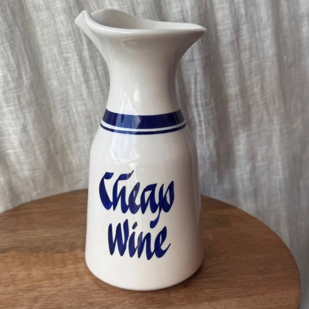 Vintage 70s Decanter Cheap Wine Carafe 8in White Blue Ceramic Novelty Barware